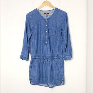 GAP Women's Blue 100% Cotton Drawstring Waist Roll Tab Long Sleeve Romper Sz XS